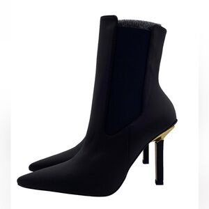 Good American Black Pointed Toe Heeled Ankle Boots with Gold Accent
